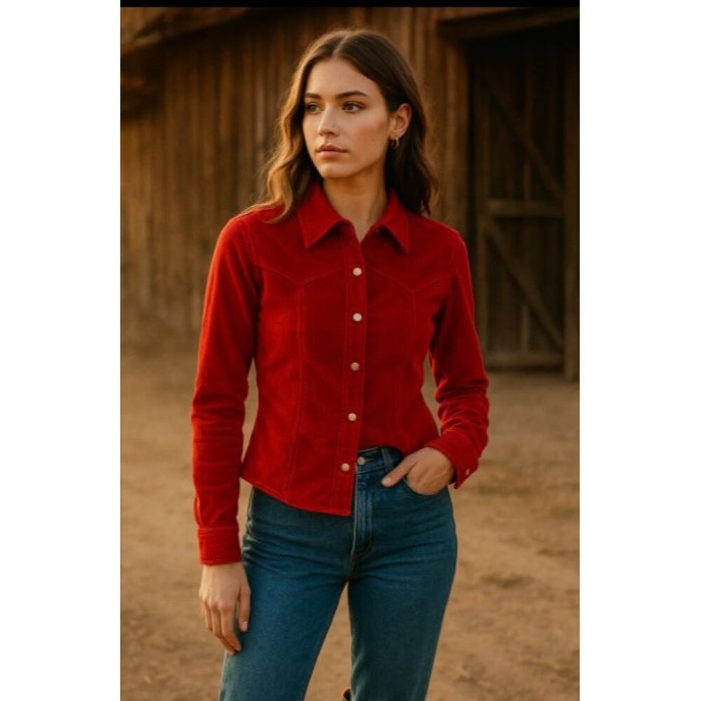 Vintage Live a Little S Red Corduroy Jacket Western Yolk Snap Button Long Sleeve - Picture 2 of 9